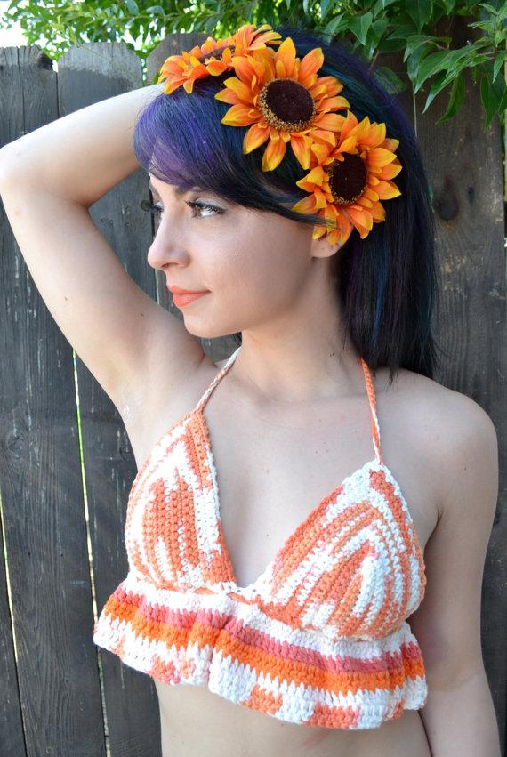 Wedding - Orange White Crochet Halter Top - Bralette - Crop Top - Ruffle Top - Bikini Top - Festivals - Raves - Summer Fashion