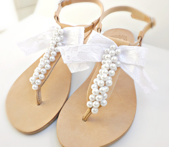 Hochzeit - Bridal sandals- Greek leather sandals-Wedding sandals  decorated with white pearls and satin lace bow -White women flats- Bridesmaid sandals