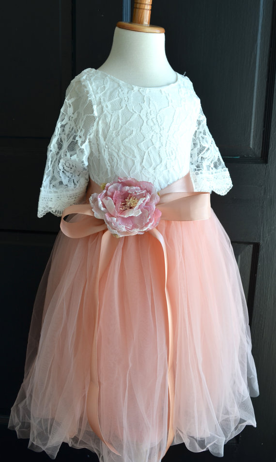 Wedding - Flower girl Coral  Tutu dress, Blush Pink Long Tulle Skirt lace blouse, Blush Pink Coral Tutu, Girls Coral Tutu, Flower girl dress