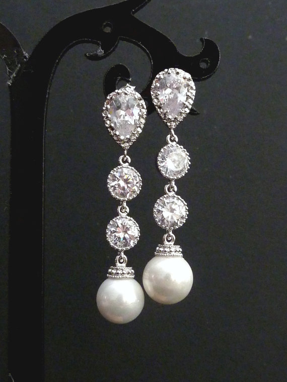 Hochzeit - Wedding Earrings Bridal Earrings White Round Pearl Cubic Zirconia Connectors Silver Dangle Earrings