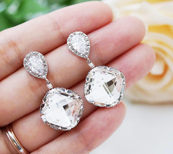 زفاف - Wedding Jewelry Wedding Earrings Bridal Earrings Cubic Zirconia Ear Posts with Clear White Swarovski Crystal (Large) Square drops