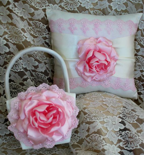 Mariage - Cream or White Ring Bearer Pillow and Flower Girl Basket with Light Pink Handmade Singed Flower Pink Lace-Vintage-Elegant