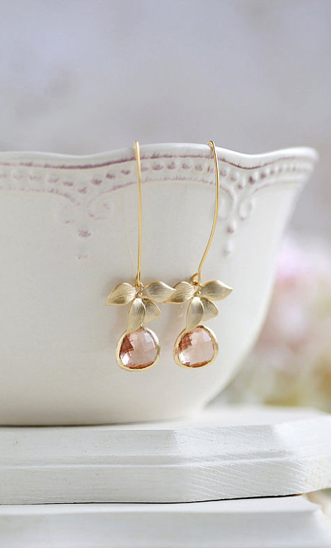 Wedding - Peach Champagne Earrings Gold Orchid Flower Peach Wedding Champagne Wedding Bridal Earrings Long Dangle Earrings Drop Earrings Bridesmaid