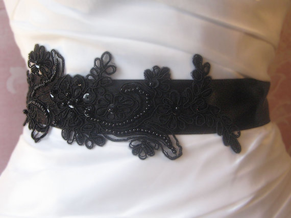 Hochzeit - Black Lace Bridal Sash, Black Lace Bridal Belt, Bridesmaid, Black Sash - NOIRE