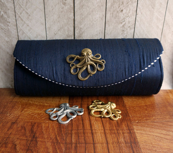 Wedding - Octopus clutch, navy blue clutch bag with bronze, silver, or gold octopus, silk clutch, bridesmaid clutch, nautical wedding