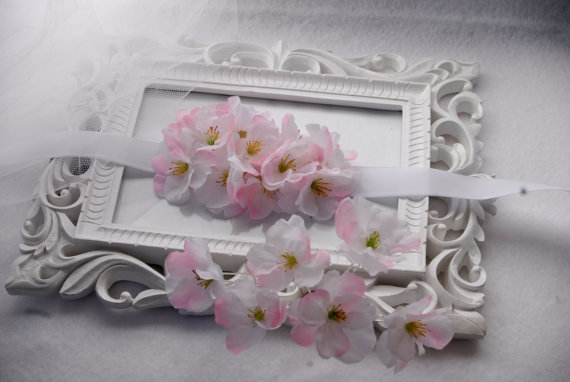 Hochzeit - SALE Set 1 Bridal Cherry Flower Sash (Headband), 6 Bridal Cherry Flower Pins Wedding Flower Sash -Charry Flower Pins-