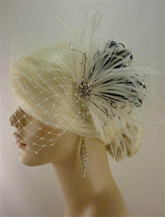 زفاف - Bridal Feather Fascinator, Bridal Fascinator, Bridal Headpiece, Bridal Hair Accessories, Bridal Veil, White, Ivory and Black
