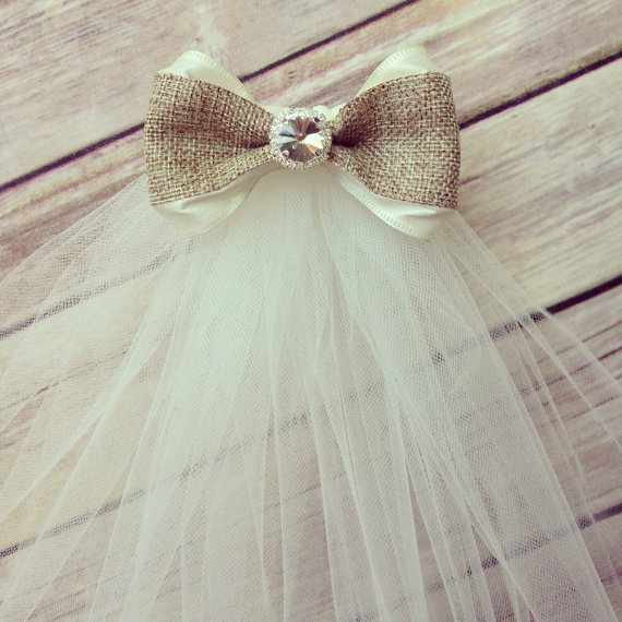 Mariage - Burlap and ribbon bow veil with rhinestone center- bridal shower/ bachelorette party veil