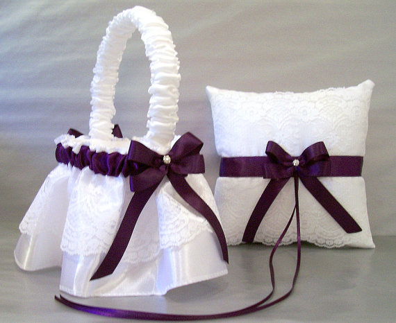 Mariage - Deluxe Plum Purple Flower Girl Basket and Ring Bearer Pillow Set ~ Lace on Satin, Ruched Handle, Rhinestone Embellished Double Looped Bow