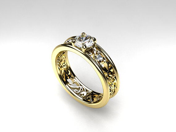 Wedding - white sapphire ring, filigree, engagement ring, sapphire, wedding ring, trinity, lace ring, filigree engagement, Yellow gold, vintage style