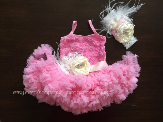 Wedding - pink flower girl dress, pink tutu dress and headband, pink ruffled dress, pink petti dress