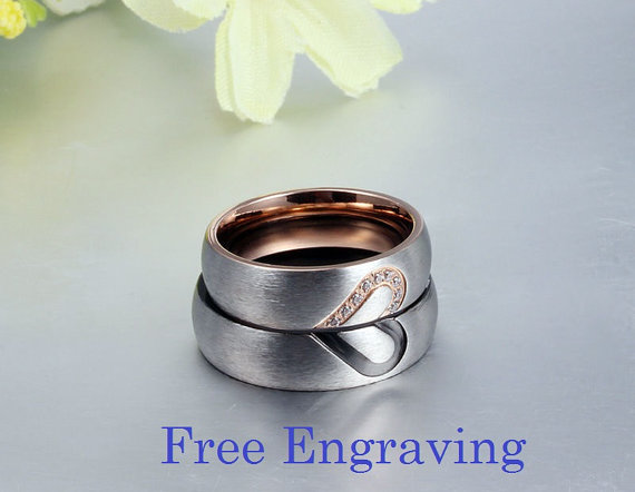 زفاف - Free engraving 2 pcs heart shape stainless steel couples ring set, engagement rings, wedding rings, bands, matching rings, promise rings