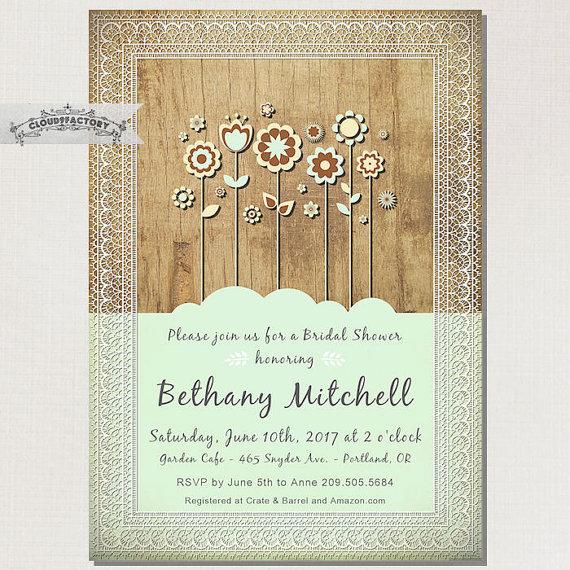 Mariage - Mint & Rustic Wood Bridal Shower Invitation Wedding Stationary Vintage Country Chic Woodland Woodgrain whimsical floral digital file No.573
