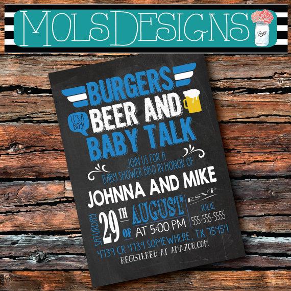 Hochzeit - Any Color BURGERS BEER & BABY Talk Dad Shower Chalkboard Father Daddy To Be BabyQ Barbecue Blue Grey Orange Brew Couples Sprinkle Invitation