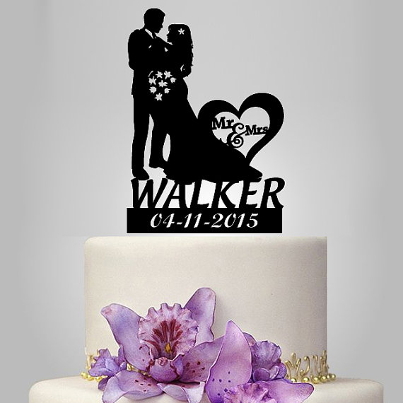 Wedding - Mr & Mrs Wedding Cake Topper - Personalized Custom Name and Date Bride Groom Silhouette and Heart Cake Decoration, funny ,unique topper