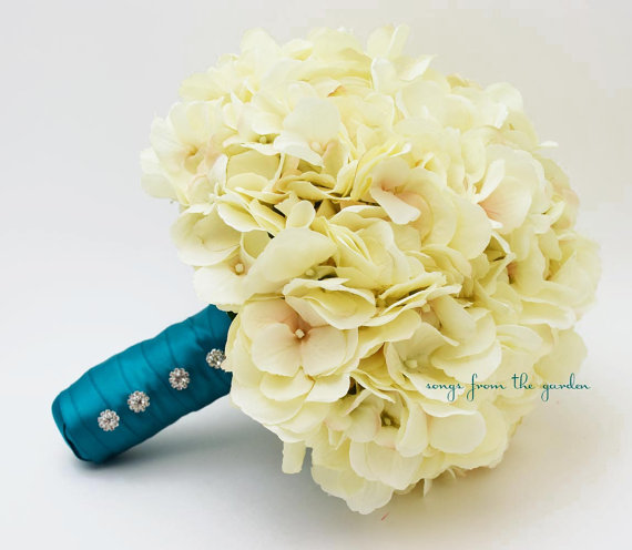 Hochzeit - Reserved - Wedding Bouquet Cream Silk Hydrangea Teal Ribbon with Toss Bouquet - Ivory Teal - Groom's Boutonniere