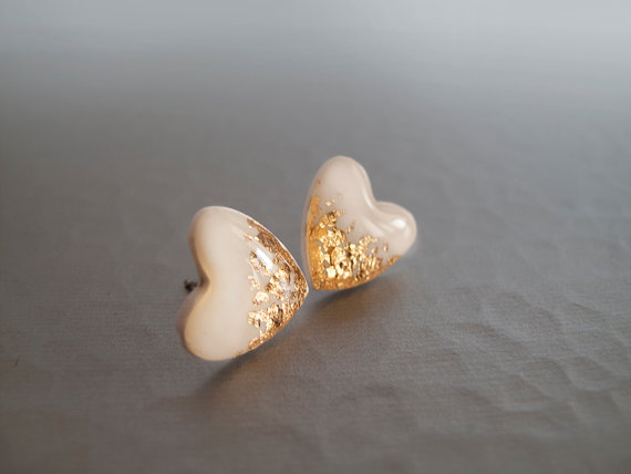 زفاف - White  Gold Heart Stud Earrings - Hipoallergenic Surgical Steel Post