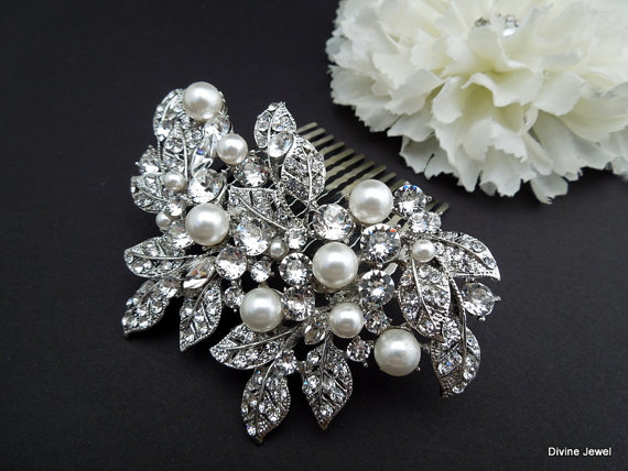Hochzeit - Bridal Swarovski Crystal Pearl Wedding Comb,Wedding Hair Accessories,Vintage Style Pearl Leaf Rhinestone Bridal Hair Comb,Rhinestone,CALI