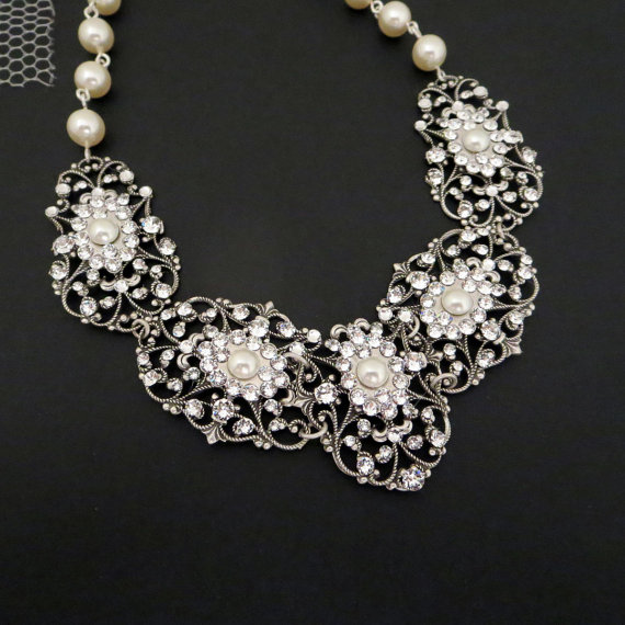 زفاف - Pearl Wedding necklace, Statement Bridal necklace, Wedding jewelry, Filigree necklace, Swarovski necklace, Vintage necklace, Antique silver