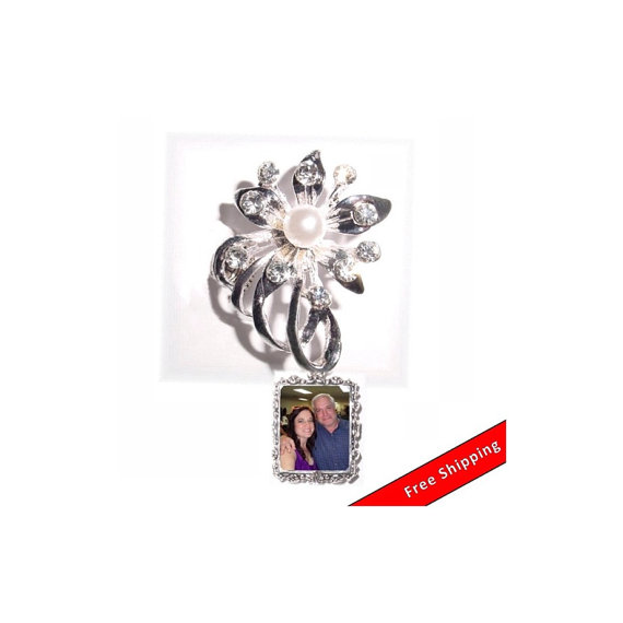 زفاف - DIY - Bouquet Charm - Wedding Memorial Photo Charm Crystals Pearls Silver  - FREE SHIPPING