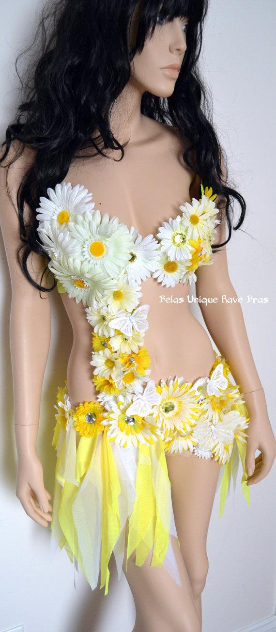 زفاف - Yellow and White Daisy Fairy Monokini, Fairy Costume, Dance Costume, EDC, Rave Bra, Electric Forest