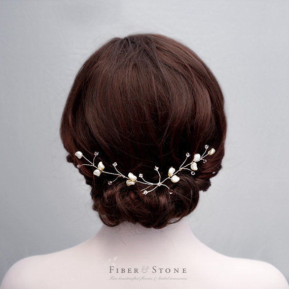 زفاف - Swarovski Pearl Bridal Hair Vine, Pearl Bridal Headband,  Pearl Bridal Hairpiece, Silver Wedding Hair Vine, Bridal Hair Accessory