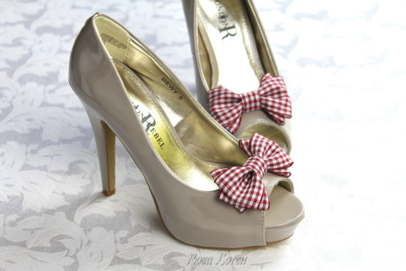Wedding - Dark Red Gingham Shoe Clips, Red & White Bow Shoe Bows, Dark Red Retro Rockabilly Pin Up Girl Bow Clip Shoes