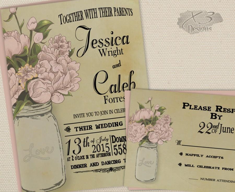 Hochzeit - Rustic Mason Jar Wedding Invitation, Printable Wedding Invite Set