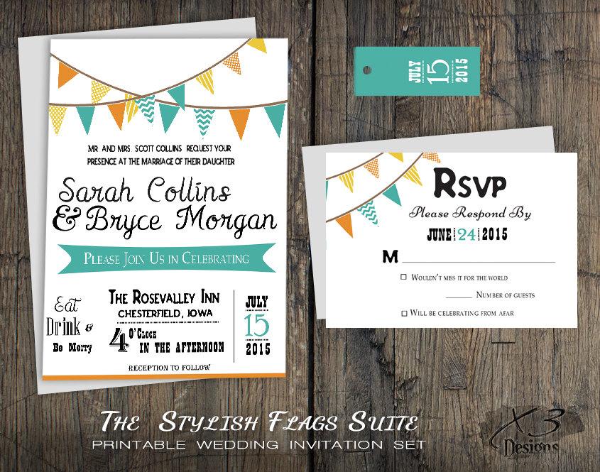 Mariage - Rustic Wedding Invitation, Printable Country Backyard Wedding Invitation, Bunting Flags, Teal, Orange & Yellow, DIY Rustic Barn Wedding