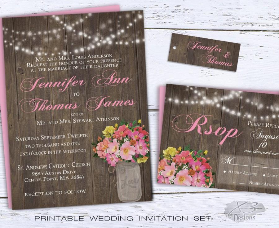 Свадьба - Rustic Mason Jar Wedding Invitation, Summer Country Wedding Invite Printable