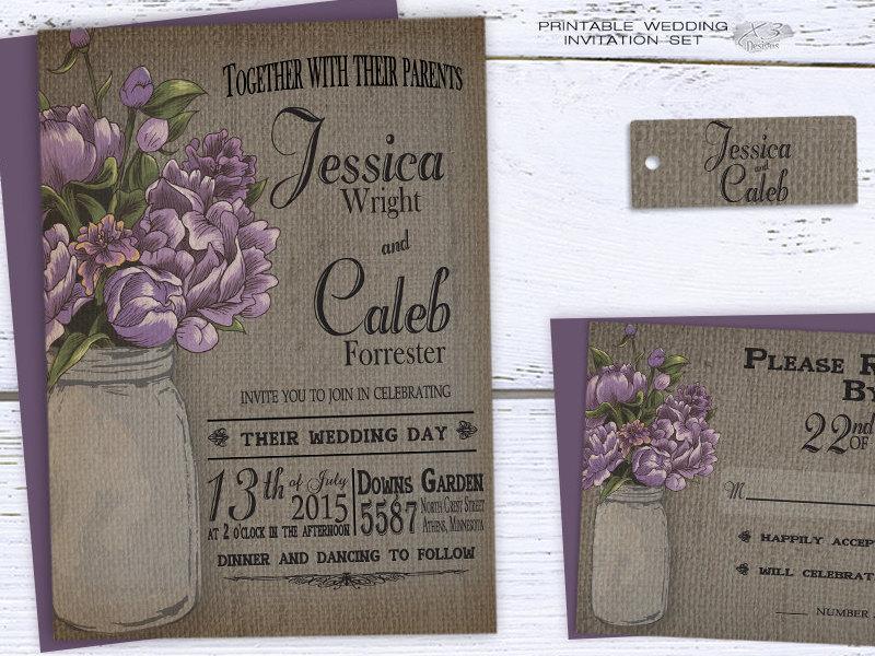 Wedding - Rustic Mason Jar Wedding Invitation, Summer Printable Wedding Invitation - Invite Purple