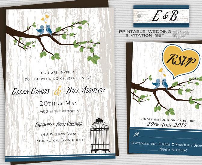 Wedding - Rustic Tree Wedding Invitation, Rustic Love Birds Wedding Invitation Printable