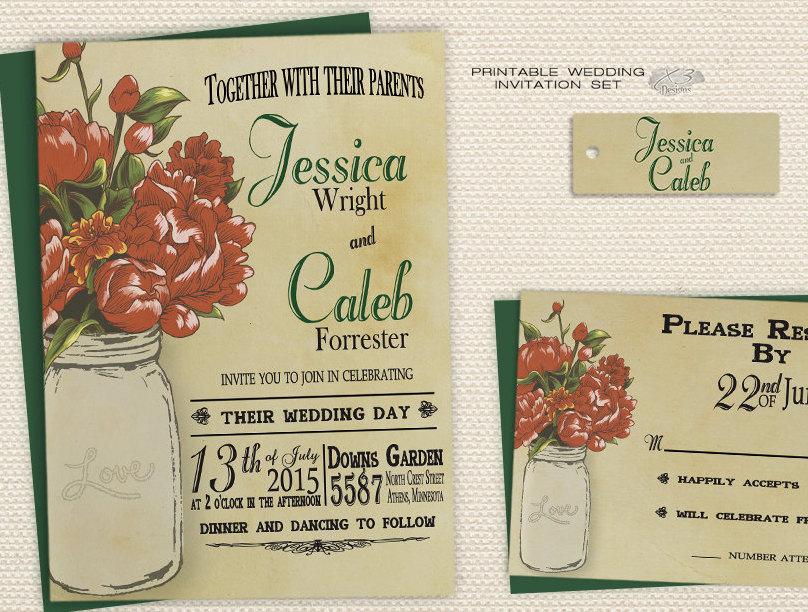 Wedding - Rustic Mason Jar Wedding Invitation, Fall or Winter Printable Wedding Invitation, X3 Deisgns