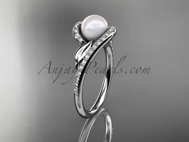 زفاف - Platinum diamond leaf and vine, pearl wedding ring, engagement ring AP317