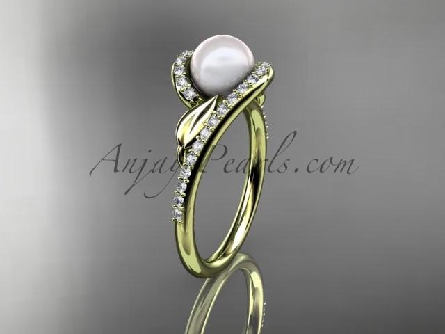 Свадьба - 14k yellow gold diamond leaf and vine, pearl wedding ring, engagement ring AP317