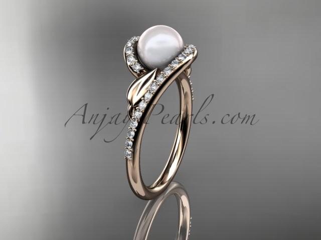 Mariage - 14k rose gold diamond leaf and vine, pearl wedding ring, engagement ring AP317