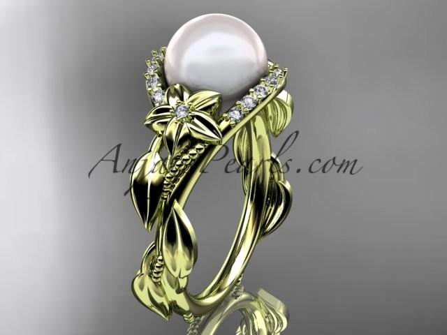 Hochzeit - 14kt yellow gold diamond pearl unique engagement ring AP326