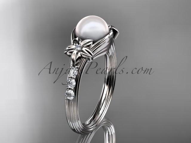 Hochzeit - 14kt white gold diamond pearl unique engagement ring AP333