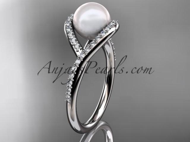 زفاف - 14kt white gold diamond pearl unique engagement ring, wedding ring AP383