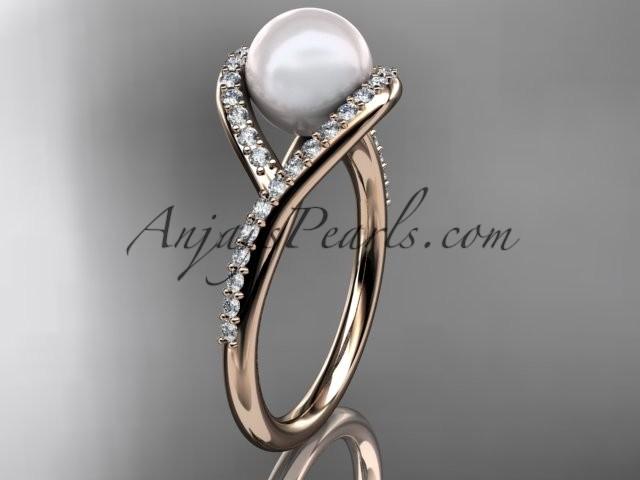 Mariage - 14kt rose gold diamond pearl unique engagement ring, wedding ring AP383