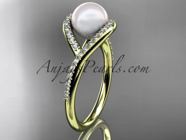 Wedding - 14kt yellow gold diamond pearl unique engagement ring, wedding ring AP383