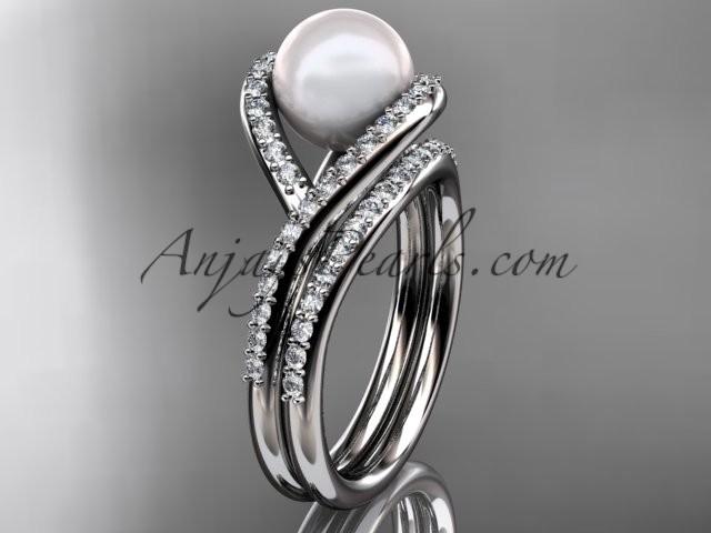 Mariage - 14kt white gold diamond pearl unique engagement set, wedding ring AP383S