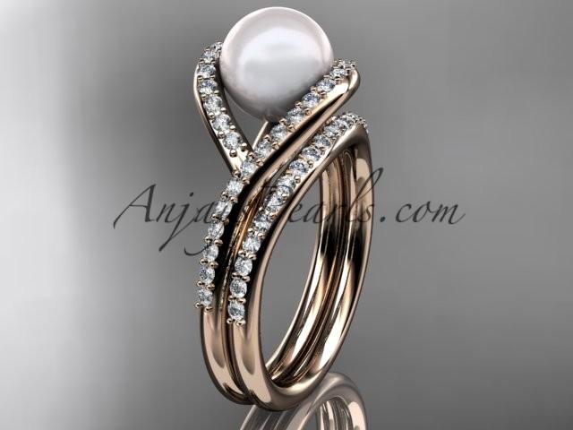 Wedding - 14kt rose gold diamond pearl unique engagement set, wedding ring AP383S
