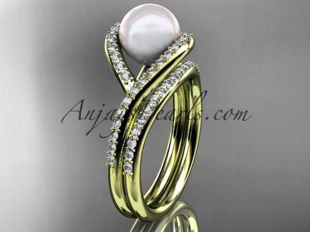 Свадьба - 14kt yellow gold diamond pearl unique engagement set, wedding ring AP383S