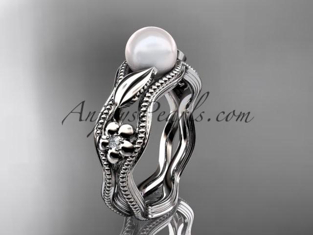 Mariage - 14kt white gold diamond pearl flower, leaf and vine engagement ring AP382