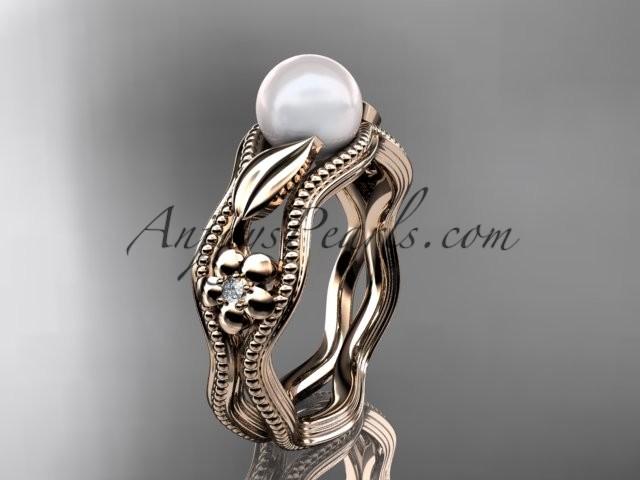 Mariage - 14kt rose gold diamond pearl flower, leaf and vine engagement ring AP382