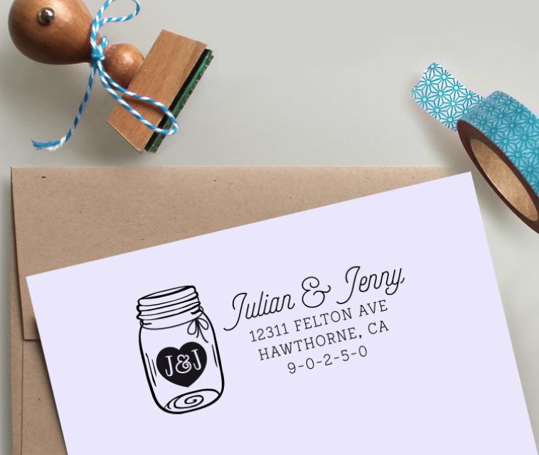 Mariage - Mason Jar Address Stamp with Heart and Initials