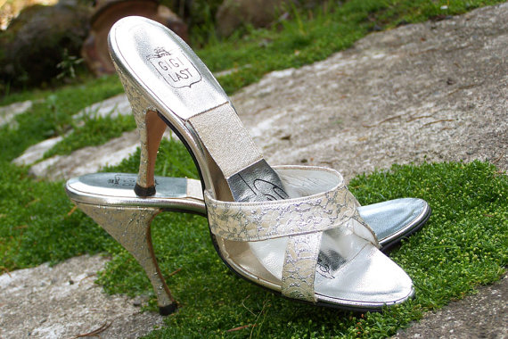 زفاف - Vintage 50s Gigi Springolator High Heel Shoes-Gold and Silver Brocade STUNNING Size approx 5