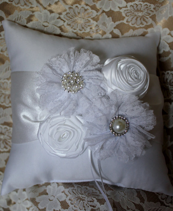 Hochzeit - Ring Bearer Pillow Cream or White with Lace Flowers,  Satin Flowers with Rhinestones and Pearls-Custom Accent Colors