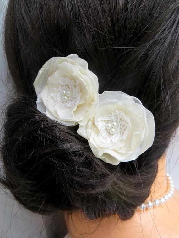 Wedding - Ivory, cream wedding bridal flower hair clips (set of 2), bridal hair accessories, bridal floral headpiece, wedding hair accessory